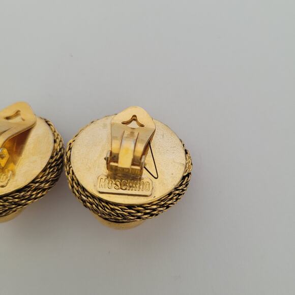 Vintage Moschino Spiral Button Gold Tone Clip on Earrings Round Glam Statement - Picture 3 of 6